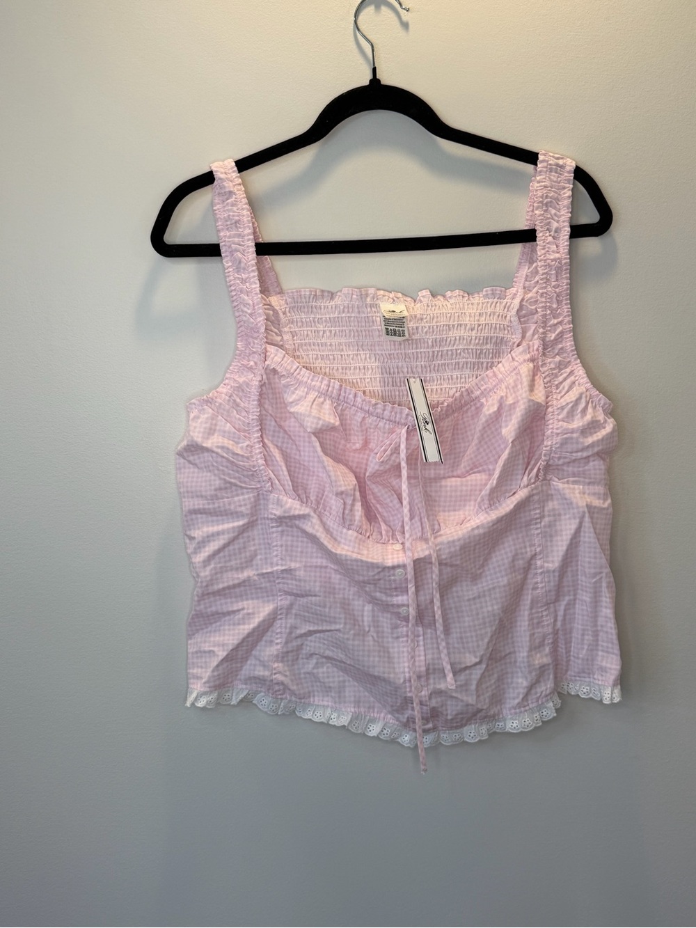 Womenโs Pink Gingham Smocked Tank Balconette Tank